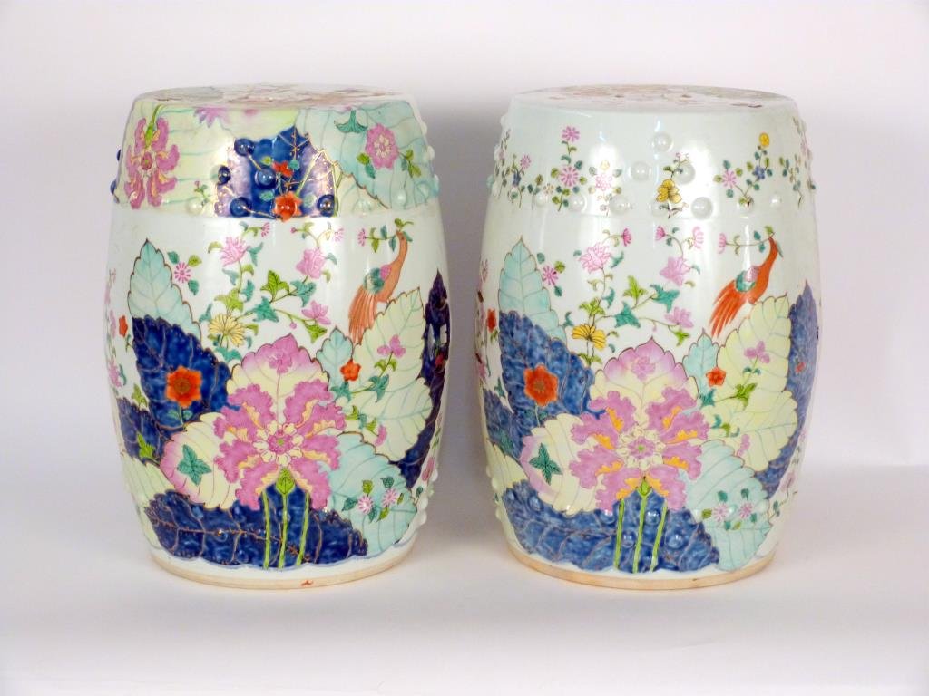 Pair Mottahedeh Design Chinese Garden Barrels: Tobacco leaf designs with open slot and studded designs. 19"H X 14"D.