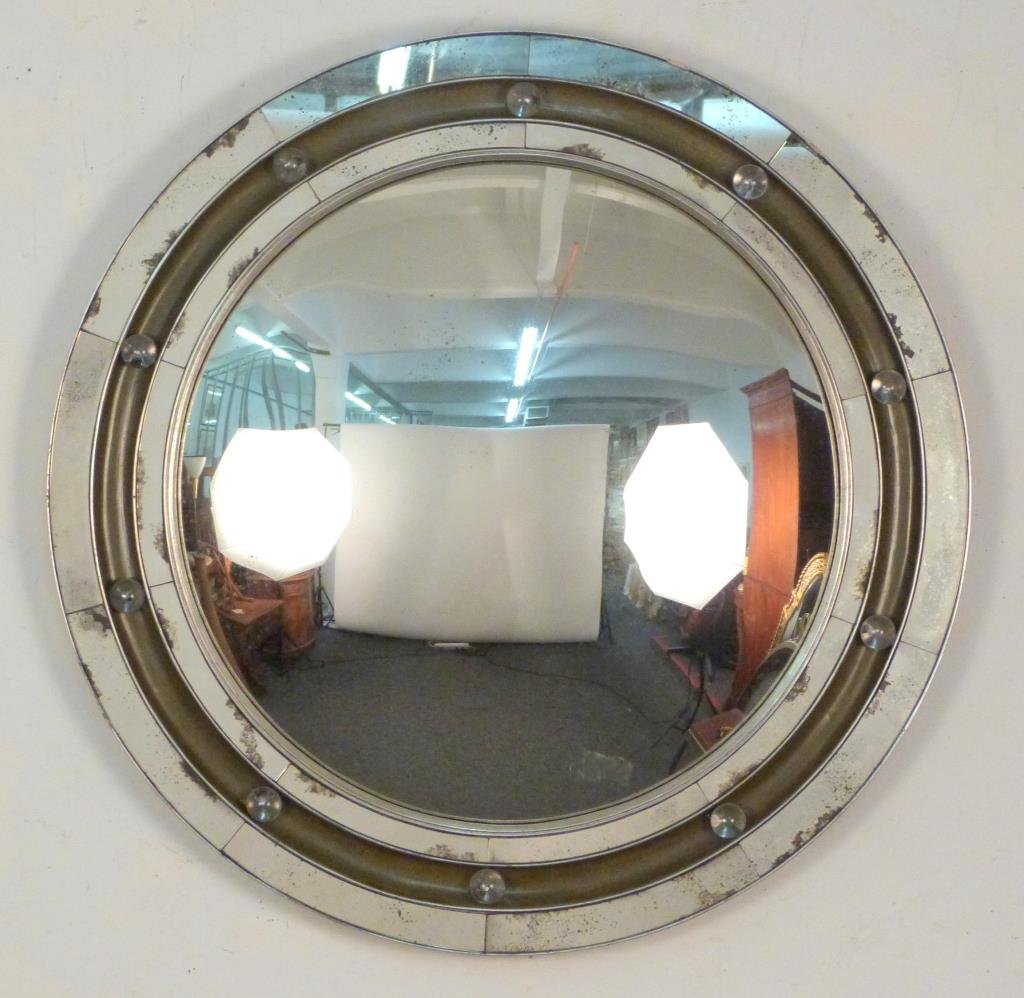 Mid-Century Style Convex Round Mirror: With inner and outer mirror trim flanking glass center balls. 33" D.