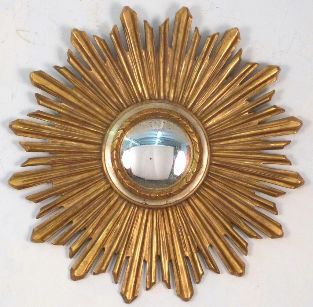 Italian Style Gilt Carved Wood Starburst Mirror: With convex mirror. 25" D. As is.