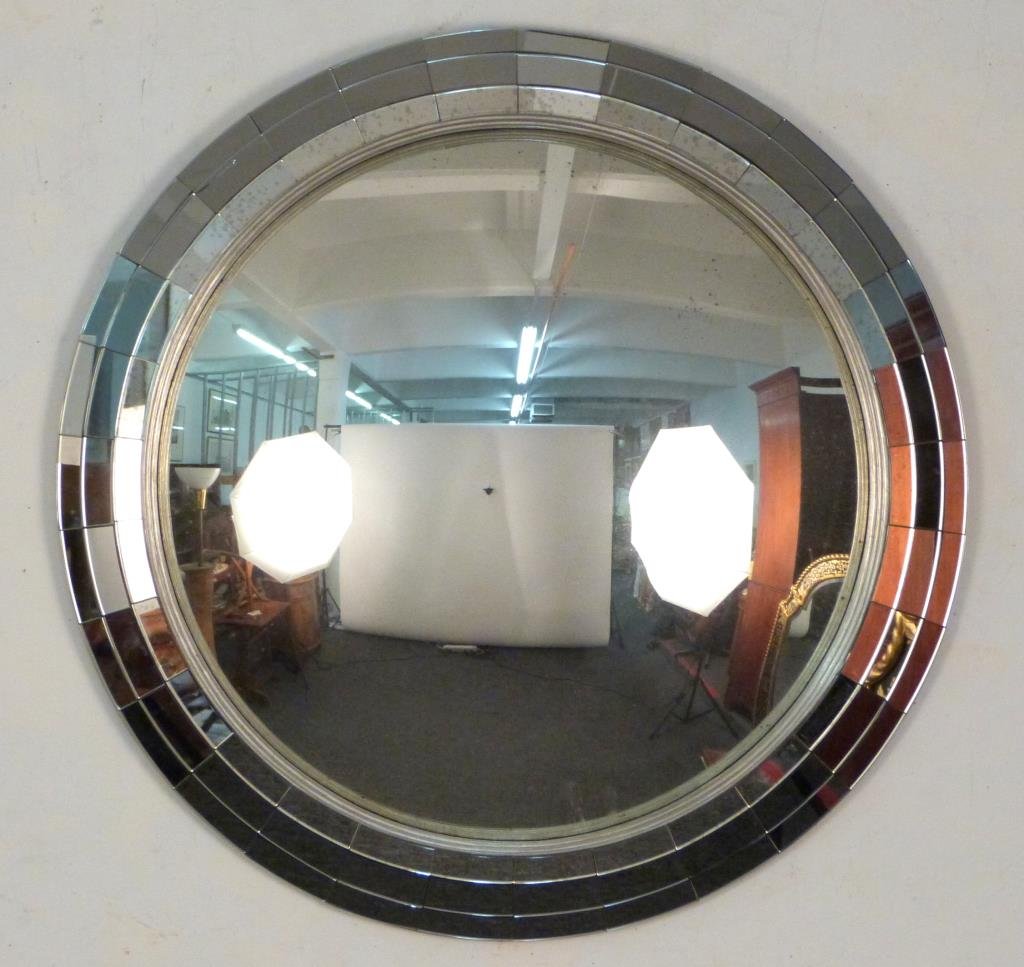 Hollywood Regency Style Round Mirror: Convex, with mirror mosaic triple border. 30 1/2" D. As is.