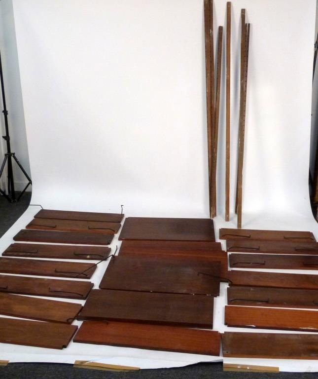 George Nelson Style Free Floating Wall Unit: 16 shelves @ 31 1/2" W X 8" D; 1 shelf with lip @ 31 1/2" W X 13 3/4" D; 3 shelves @ 31 1/2" W X 16" D; 1 shelf @ 31 1/2" W X 19" D; 4 supports: 78" H - 3 supports: 69" H. Some minor losses and condit