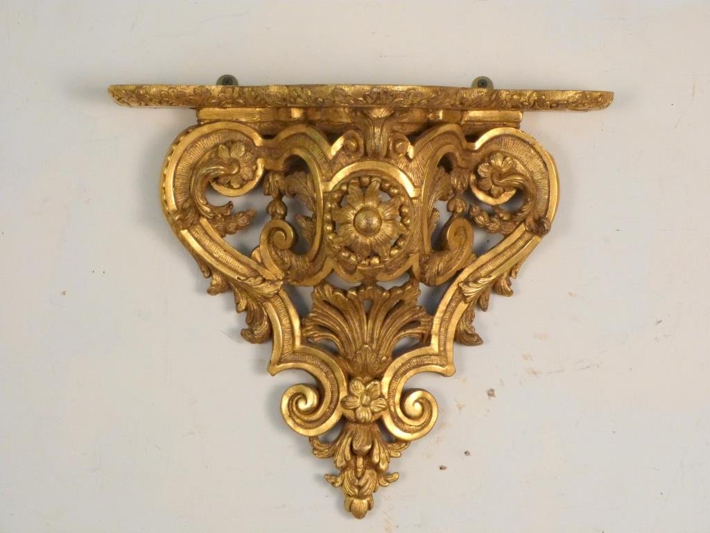 Gilt Carved Wood Wall Bracket: Elaborate open work carving. 13 1/2" W X 16" H.