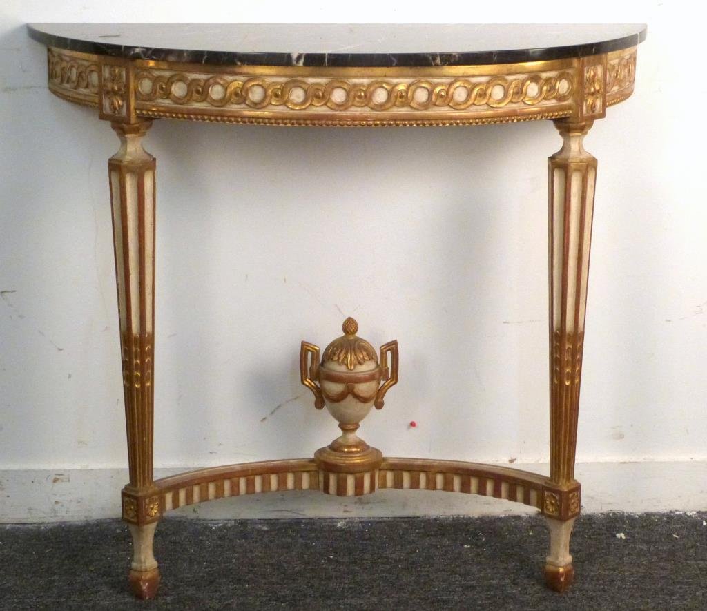 Neoclassical Style D-Shaped Console: Gilt and painted cared wood, urn finial, tapered legs, marble top. 39" W X 15" D X 35" H.