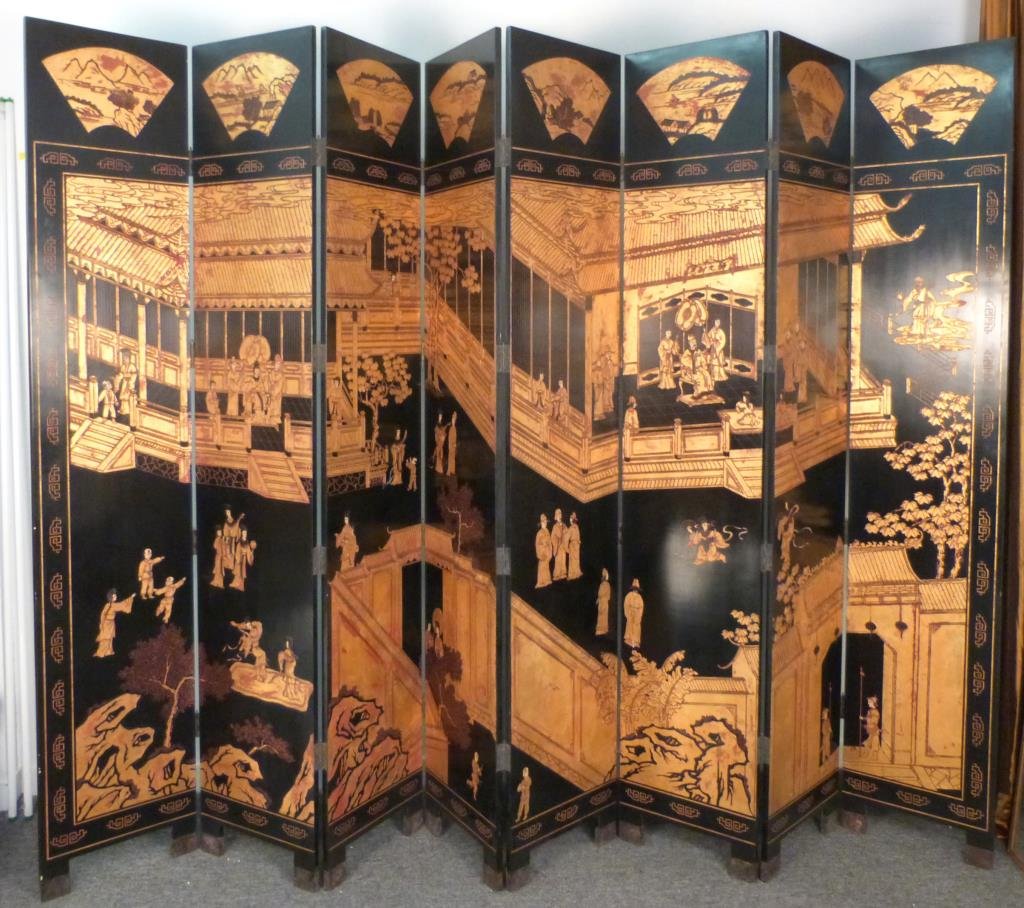 Chinese 8 Panel Coromandel Screen: Ebonized ground with incised gilt decoration depicting landscape, reverse with ebonized ground and incised polychrome decoration depicting landscape and birds. Each panel: 18" W X 96" H. (Brooklyn Hei