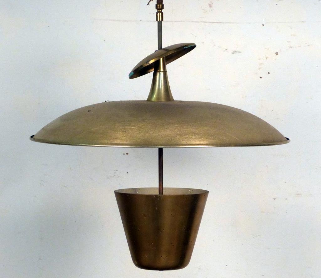 Paavo Tynell Style Chandelier by Lehrolite: Perforated brass reflecting up to wide dome shade with white enameled bottom, labeled Lehrolite. 22" H X 21" D. Some small dents and scratches.