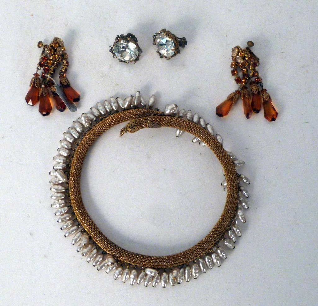 Miriam Haskell Jewelry: Gold tone and pearl necklace, 2 pairs of crystal earrings. (Madison Avenue NYC Estate)