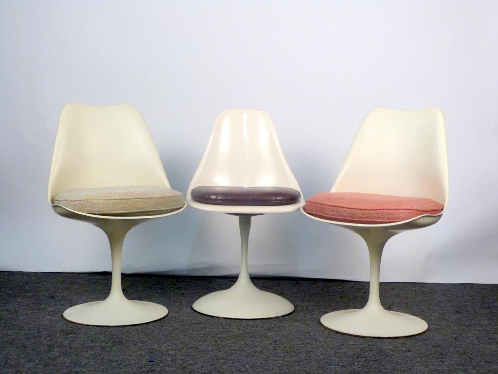 3 Saarinen Tulip Style Side Chairs: 2 Vintage Knoll with labels, (19" W X 21 1/2" D X 31 1/2"), 1 reproduction (with swivel). As is.