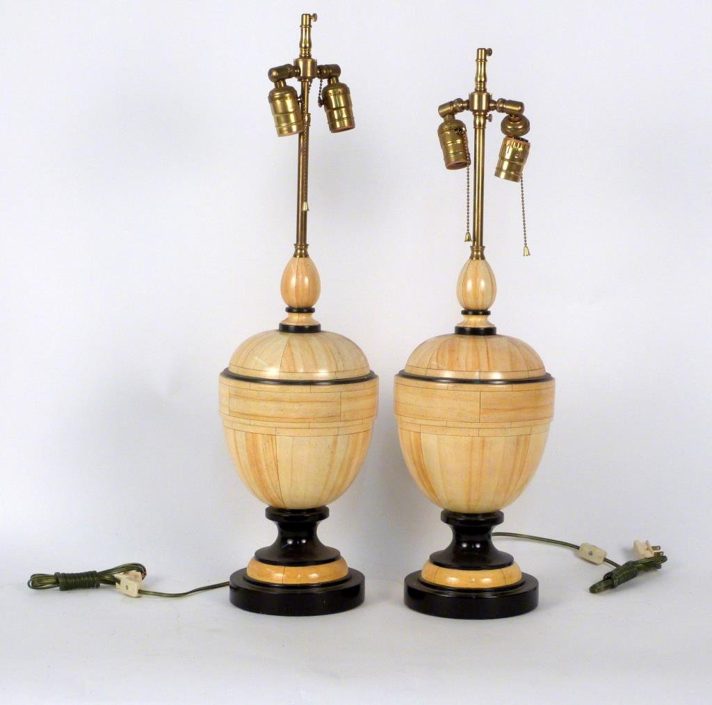 Pair of Urn Shaped Table Lamps: Blonde wood, with ebonized trim. 28" H (to finial).