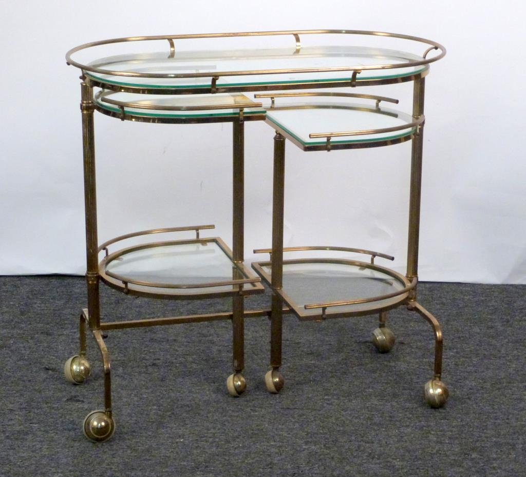Hollywood Regency Brass & Glass Bar Cart: 5 glass tiers, with swinging shelves. 32 1/2" W X 17 3/4" D X 31" H.
