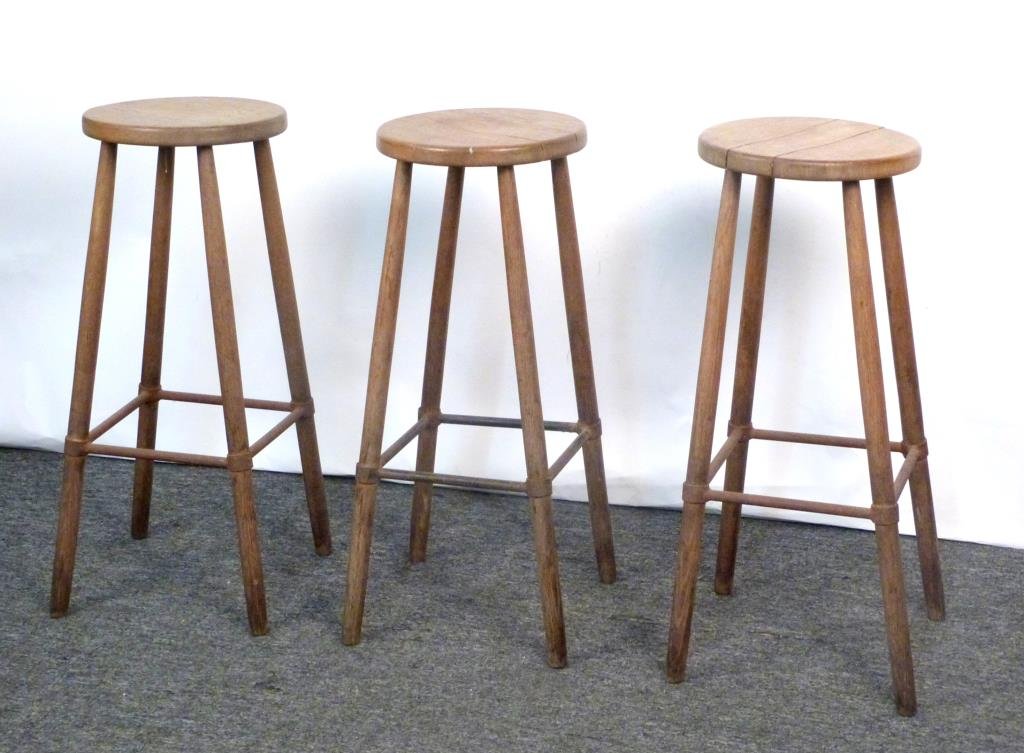 3 Rustic Bar Stools: Wood, with outer iron stretchers. 14" W X 14" D X 31 1/2" H. As is.