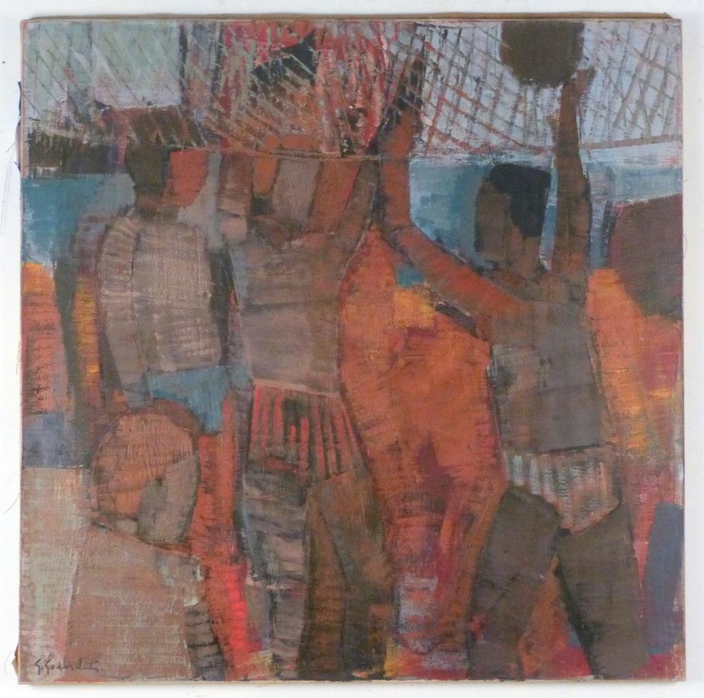 Gabriel Godard (French, b. 1933) - Oil on Canvas: Volley-ball, signed and dated '62 lower left. 31 1/2" H X 31 1/2" W. Findlay Galleries and other stamps on verso.