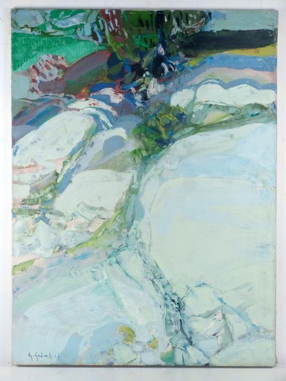 Gabriel Godard (French, b. 1933) - Oil on Canvas: Paysage aux Rochers, signed and dated '67 lower left. 51" H X 38" W.