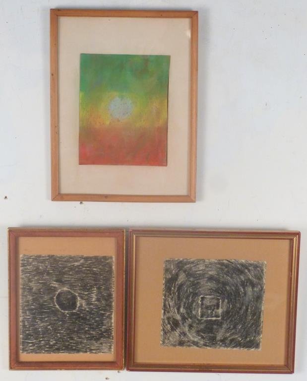 Robert Whitman (American, b. 1935) - 3 Works: Abstract, with central orb, signed and dated '59 on verso, pastel on heavy brown paper. 7 1/4" H X 5 3/4" W. Hansa Gallery stamp on verso. Together with 2 unsigned black and white works on paper (fram