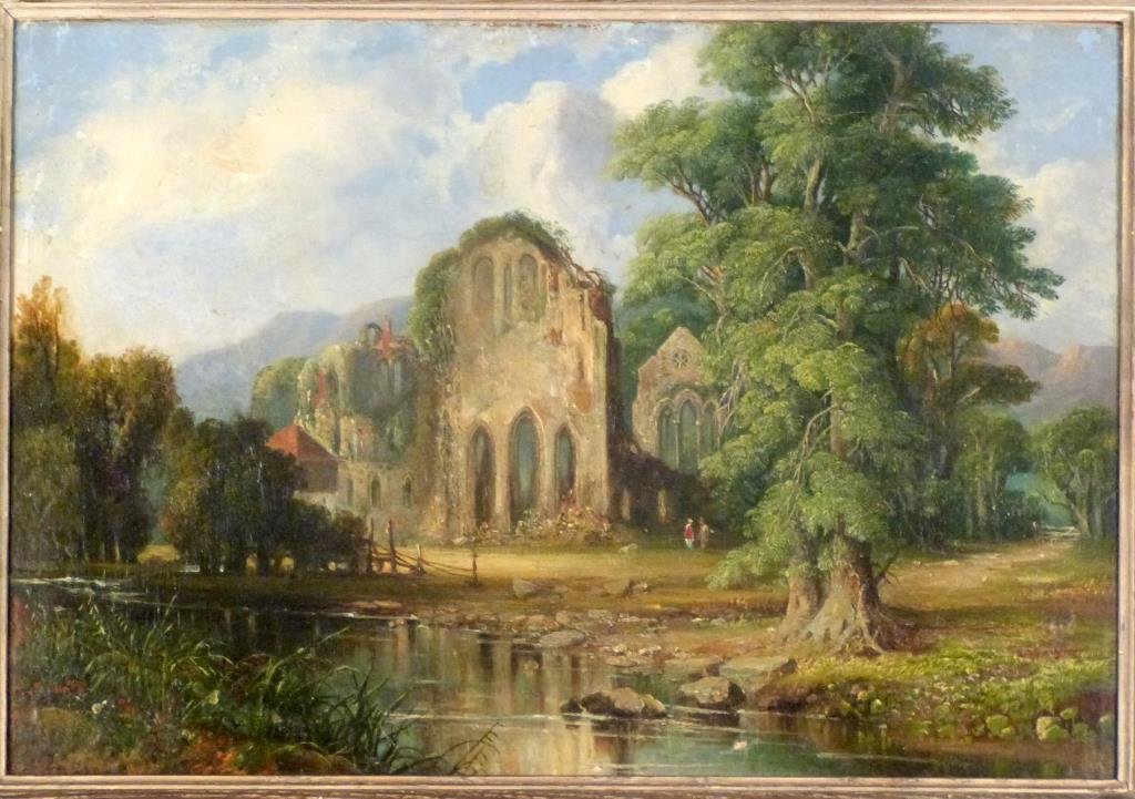 After John Constable - Oil on Canvas: Valle Cruicis Abbey (ruins in Northern Wales), possibly signed on verso (upper stretcher). 17" H X 25" W (24" X 32"). Relined, craquelure. (60 East 9th Street Property)