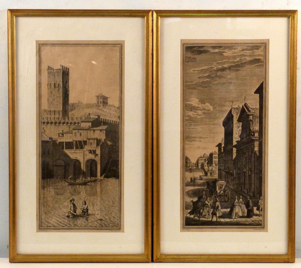 Pietro Antonio Pazzi (Italian, 1706-1766) - Prints: Pair Prints. Street and canal scenes, engraving on heavy taupe wove paper. 17 1/2" X 7 3/4" (24 X 13 1/2"). (Brooklyn Heights Estate)