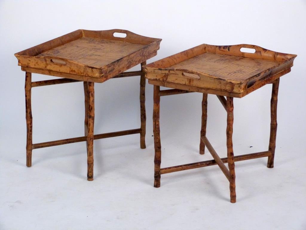 Pair of Bamboo Tray Top Tables: Split read tops, folding X bases. 24 1/2" W X 20" D X 23 1/2" H. (Madison Avenue NYC Estate)