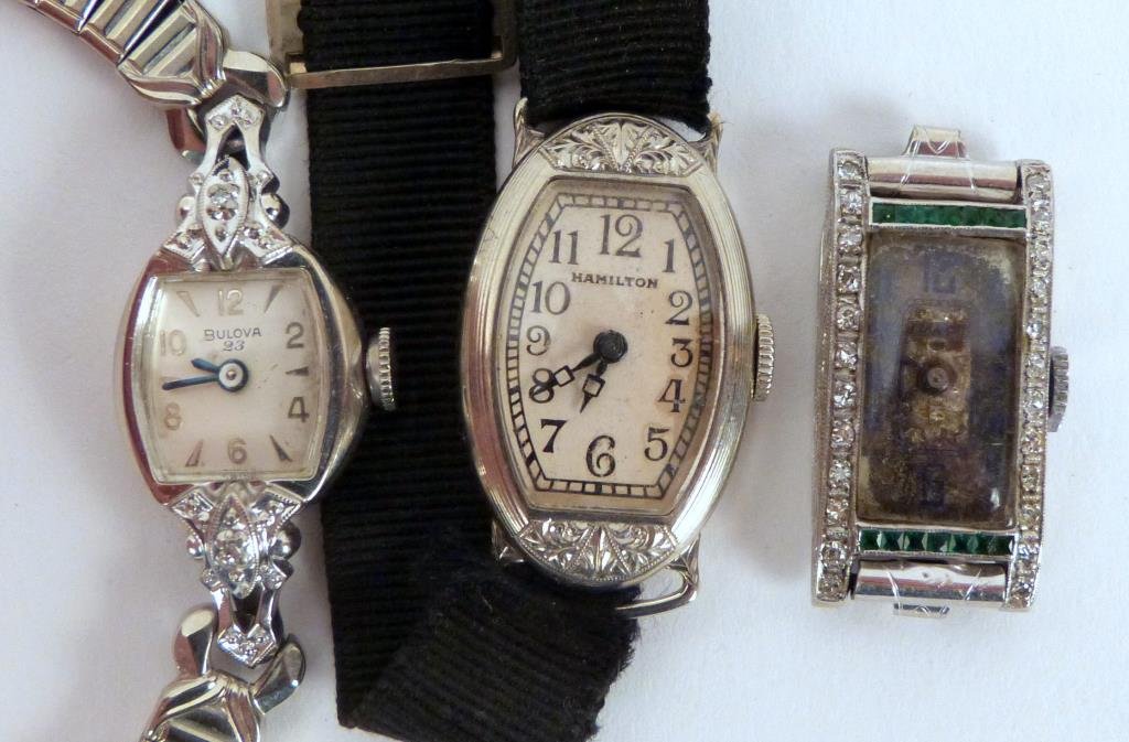 3 Ladies Watches (2 with bands): Bulova, Hamilton and an enameled Art Deco Optima. All as is.