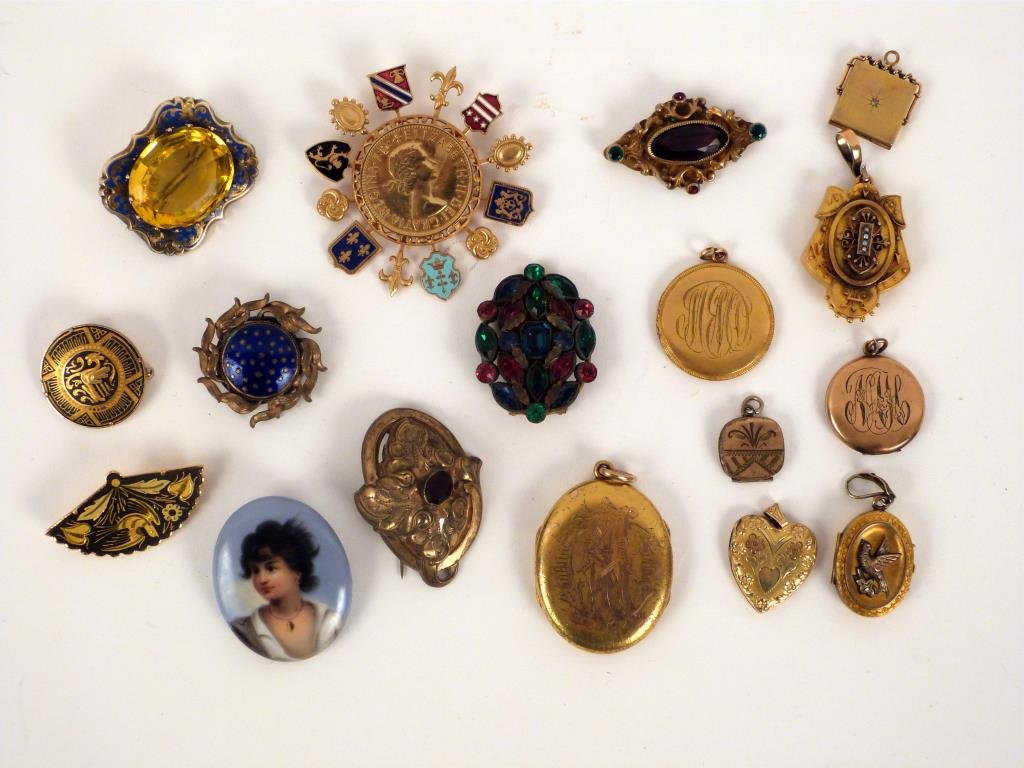 Assorted Victorian and Style Lockets and Pins: Gold tone and a porcelain pin, no marks.