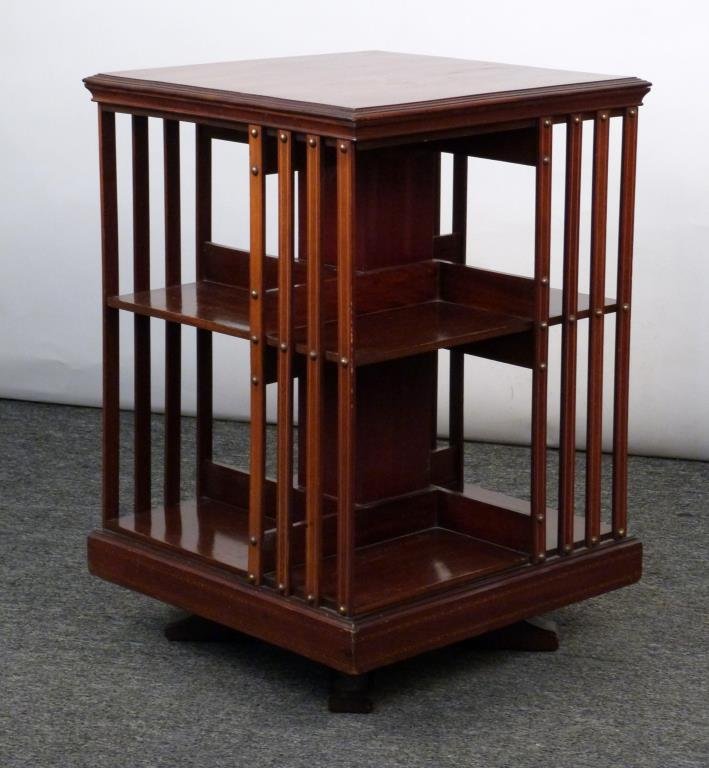 Sheraton Style Inlaid Stationary Bookstand: Slat sides, inlaid top, slats, and apron. 19 1/2" square X 28 1/2" H. Not revolving.