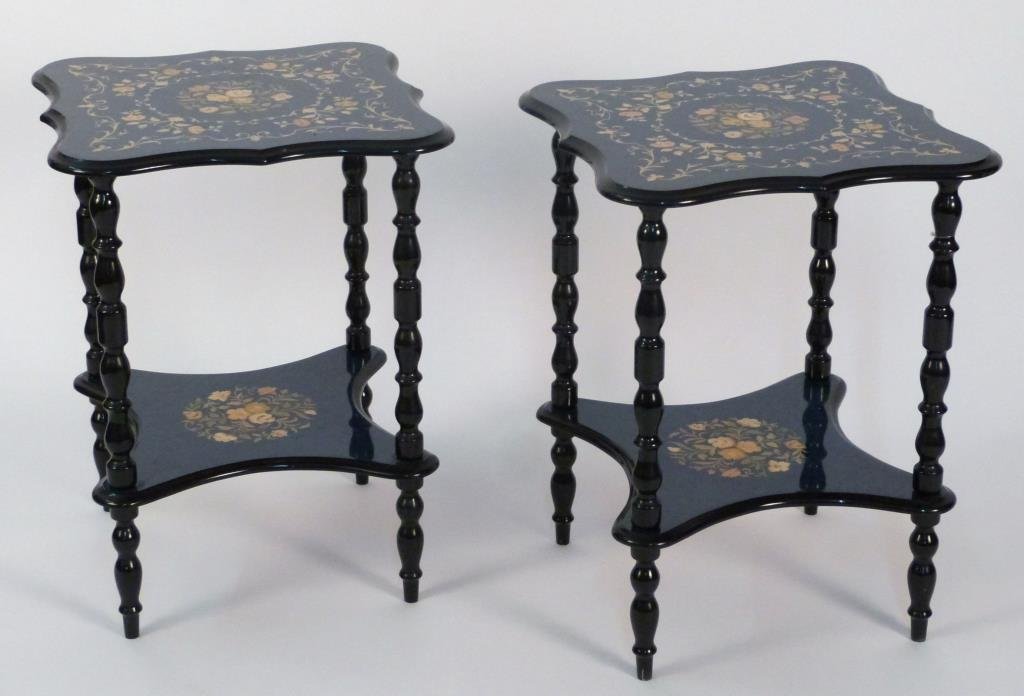 Pair of Italian Inlaid 2 Tier Open Stands: 2 sculpted tiers, turned legs. 18" square X 24" H. (Brooklyn Heights Estate)