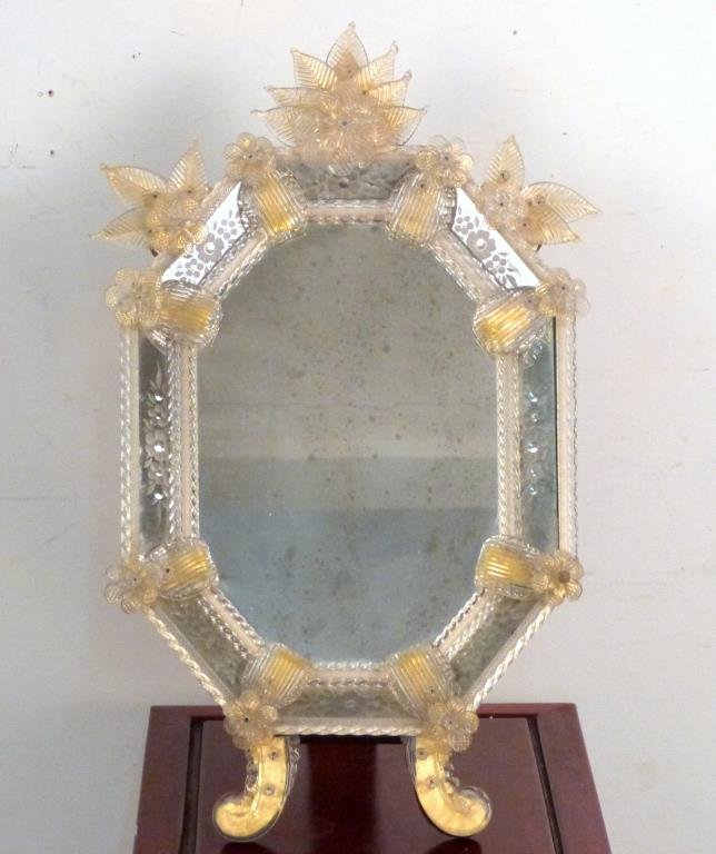 Venetian Style Octagonal Table Mirror: Easel back, etched border with applied gold speck glass flowers. 26" H X 15" W.
