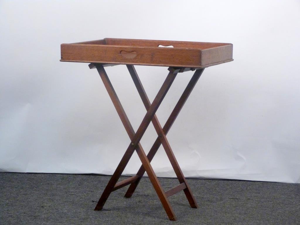 English Style Butlers Tray on Stand: Tray with open handles. 30" W X 19 1/2" D X 34 1/2" H.