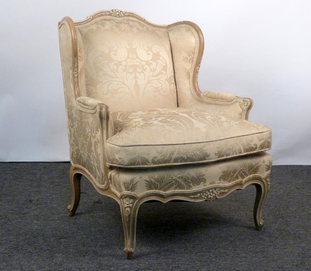 French Style Bergere: Painted carved wood frame, upholstered. 32" W X 35" D X 38 1/2" H.