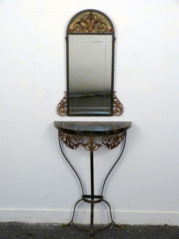 Art Deco Mixed Metal Console and Mirror: Dome top trumeau style mirror with tole panel over a marble top demi-lune console. Oscar Bach Manner of mixed metals and old construction. Mirror has bevels and marble top has notches to fit console. 