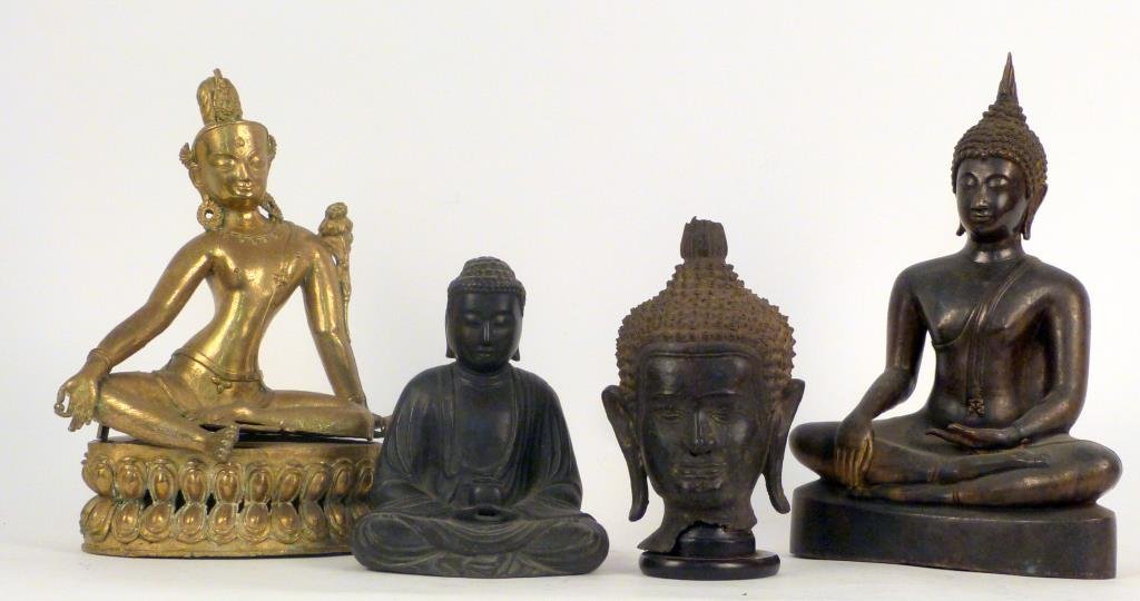 4 Asian Bronze Buddhist Statues: 3 Buddhas, 1 Southeast Asian gilt bronze Tara (13" H).