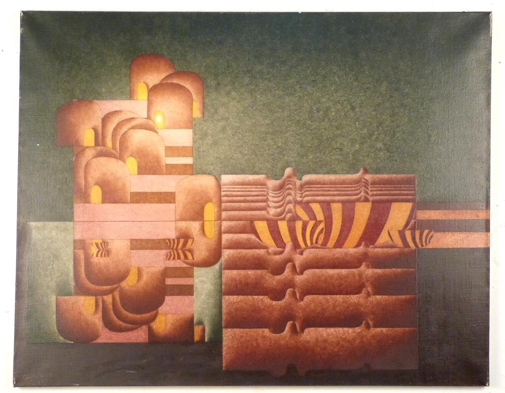 Christian Lemesle (French, B. 1932)- Oil on Canvas: Le Village des Pecheurs, signed and dated 1969 lower left and on verso. 29"H X 36 1/2" W. Findlay Galleries stamp on verso. Chips.