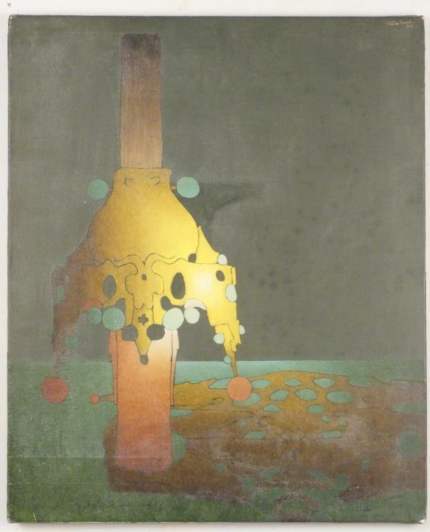 Christian Lemesle (French, B. 1932)- Oil on Canvas: Abstract with geometric forms, signed and dated 71 upper right. 29" H X 24" W. White film on canvas.