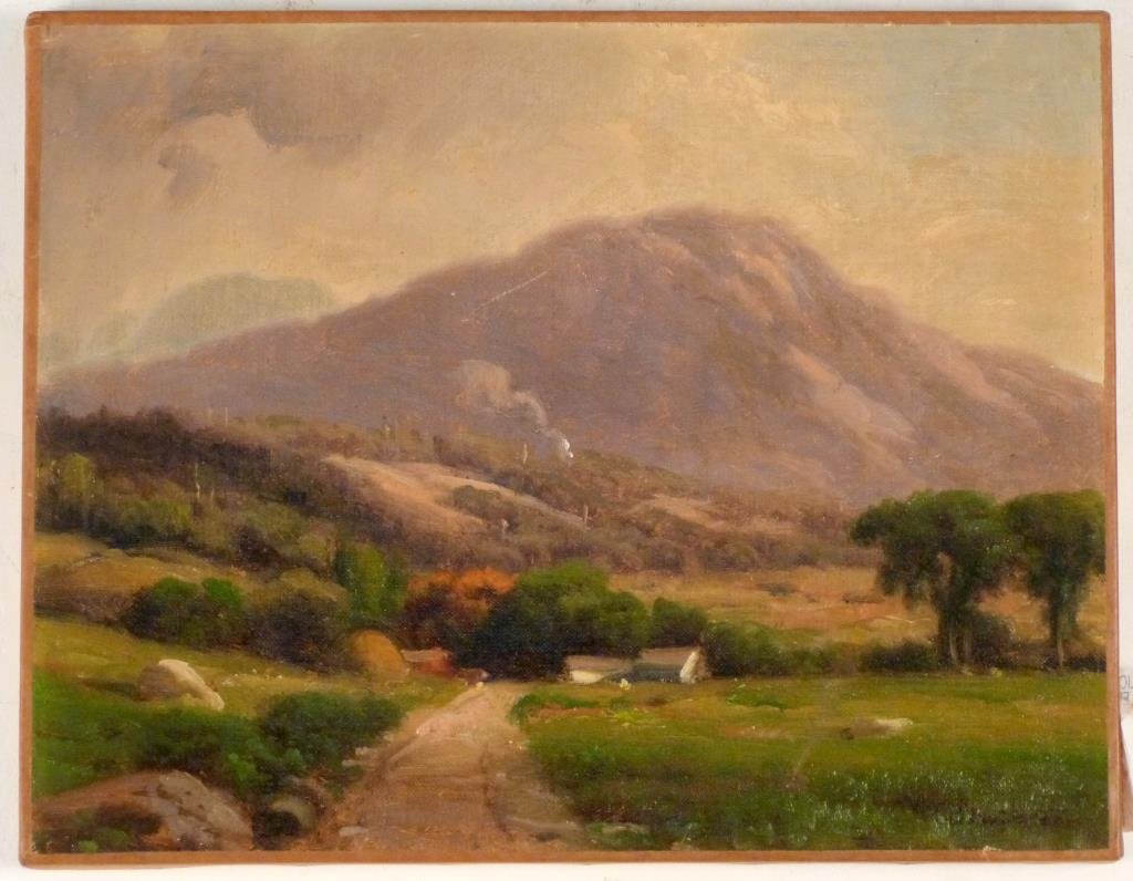 William Bruce (American, 1861-1911)- Oil on Canvas: Landscape, with road, signed lower right. 11 H X 14" W. Repaired. Elliot Galleries label on side and verso."