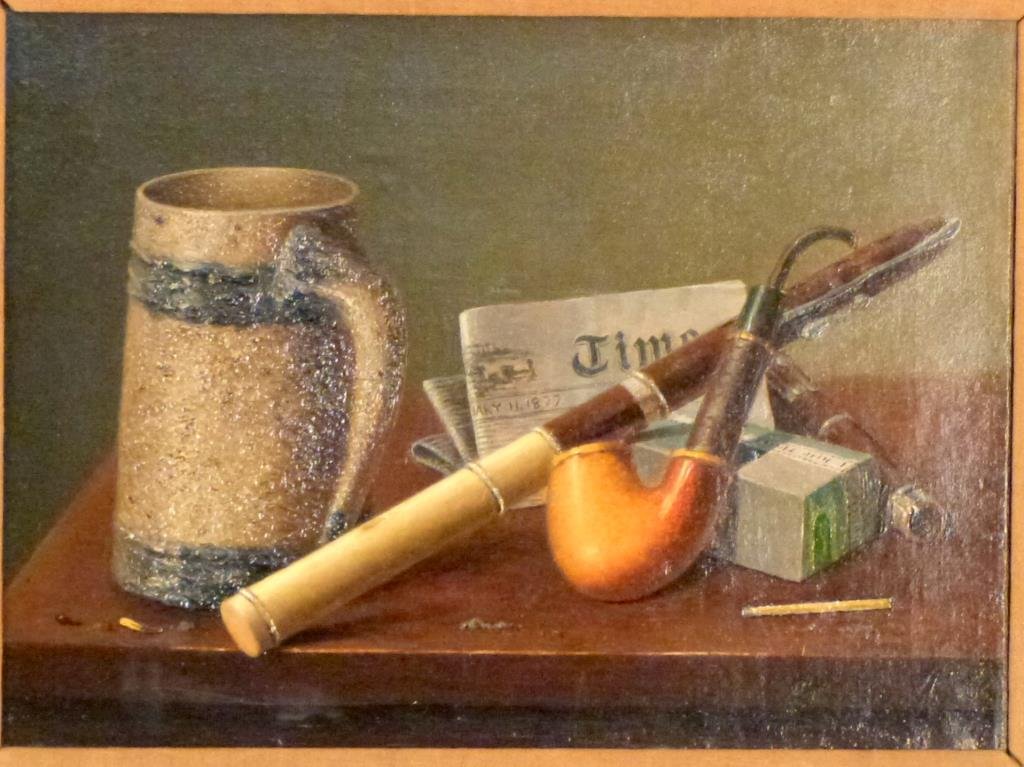 Attr: Michael Harnett (Irish, 1848-1892) - Oil: Stein and pipes, signed lower right, oil on canvas. 11 1/2 H X 15 1/2" W (17 1/2" X 22")."