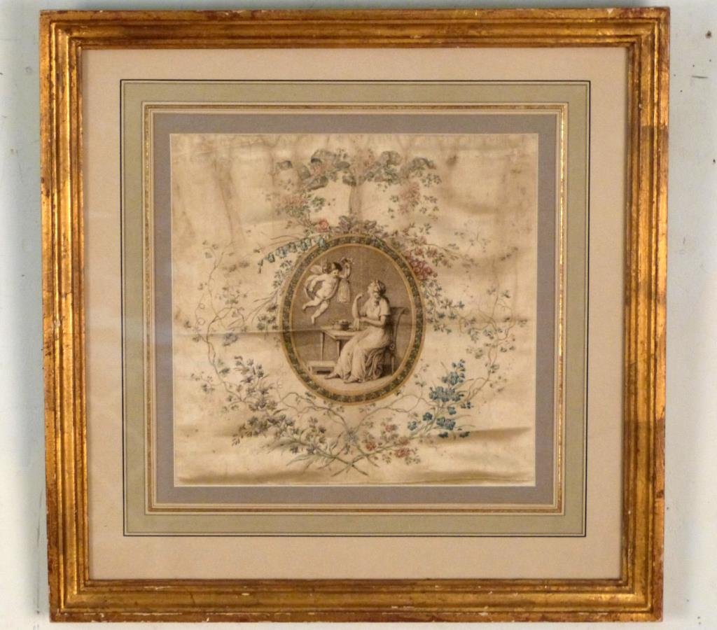 After Jean Baptiste Pillement (French, 1728-1808): Woman and putto, color engraving on silk. 10 H X 10" W (18" X 18"). Label on verso reads "by Gauthier... This extremely rare surviving example of printed silk was made as a pillow cover for one of Lou