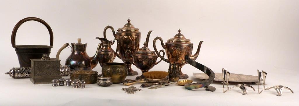 25 Silver Plated & Other Metal Articles: Tea pots, Dansk candelabra, antique baby rattle, Neiman Marcus salts and peppers. 11" H.