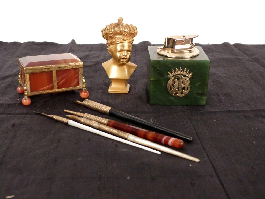 Assorted Pens & Desk Articles: Agate box (as is), small bust (3 1/2" H), soapstone mounted lighter, 4pens (1 with 14K nib).