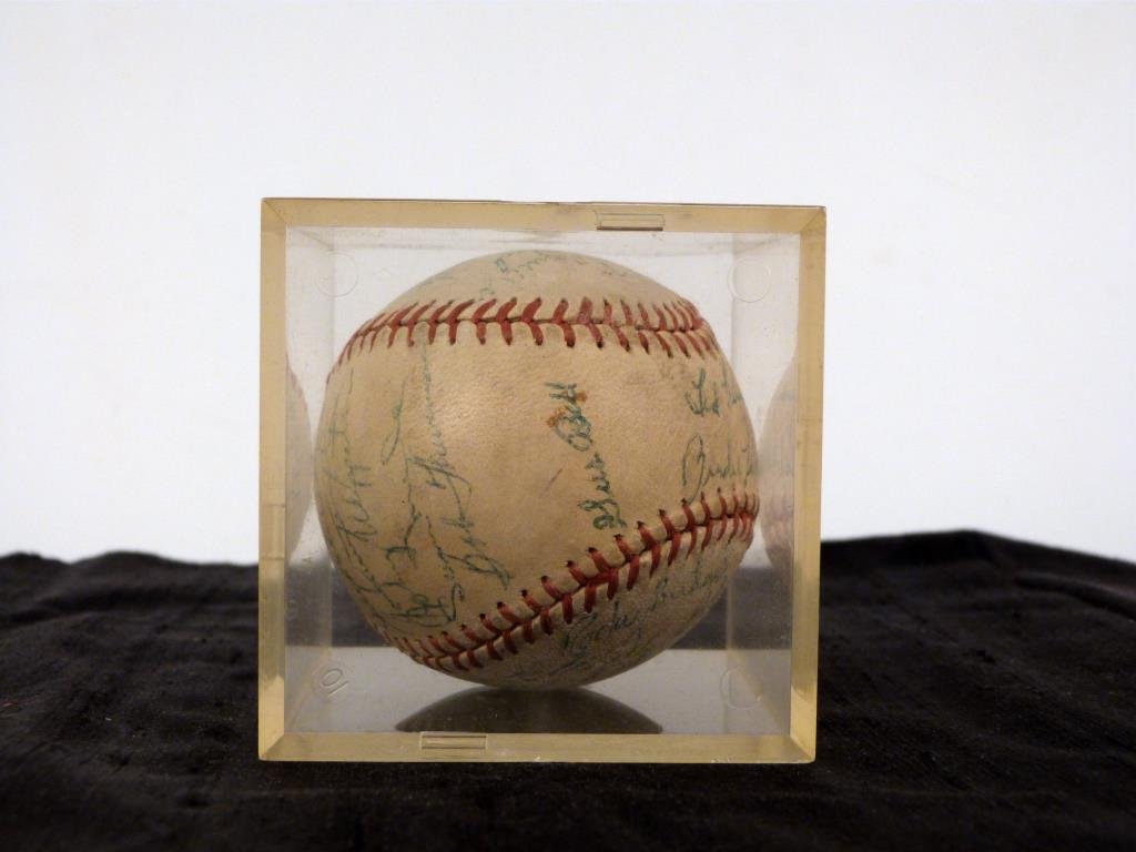Autographed Major League Baseball: Circa 1960's. Signed Art Lawler, Smoky Burgess, Gus Bell, Ted Kluszewski, Wally Post, etc.; in acrylic case.