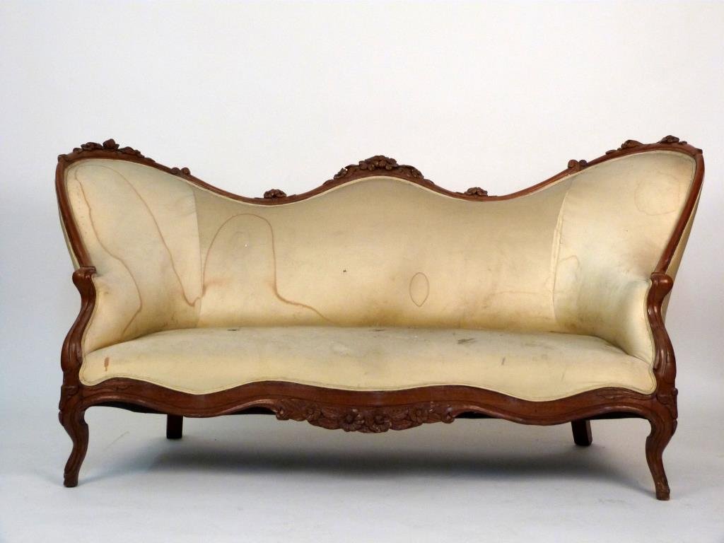 Victorian Style Settee: Carved wood frame, upholstered seat. 71" W X 32" D X 35 1/2" H. Upholstery as is.