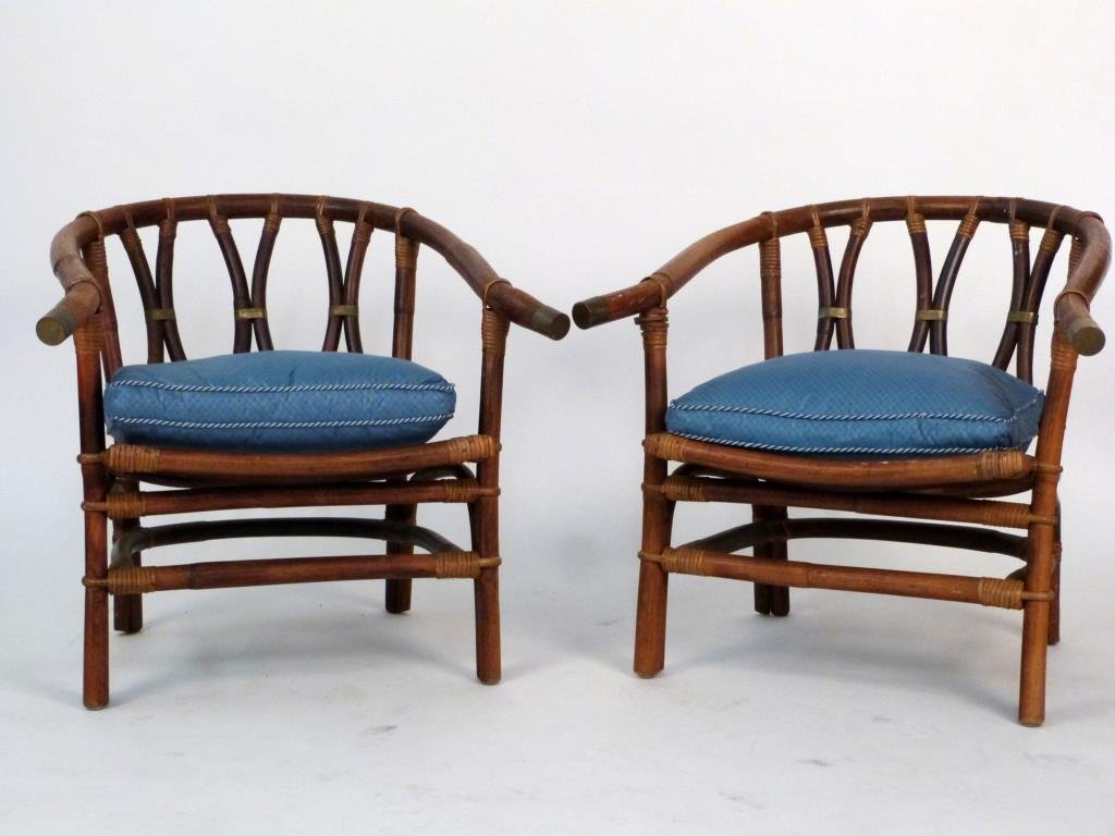 Pair of Mid-Century Bamboo Chairs: With rattan and brass. 27" W X 31" D X 26" H.