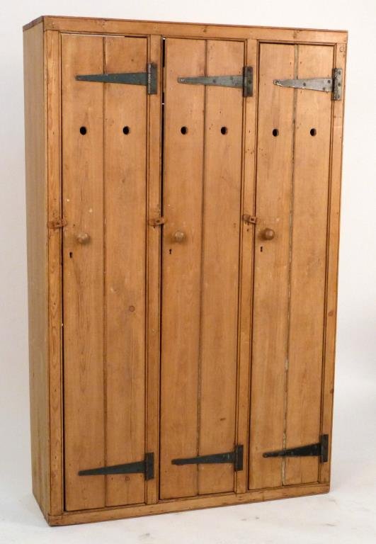 Oak Locker Cabinet: 3 compartments,each with 2 shelves. 361/2" X 12" X 57 1/2" H.