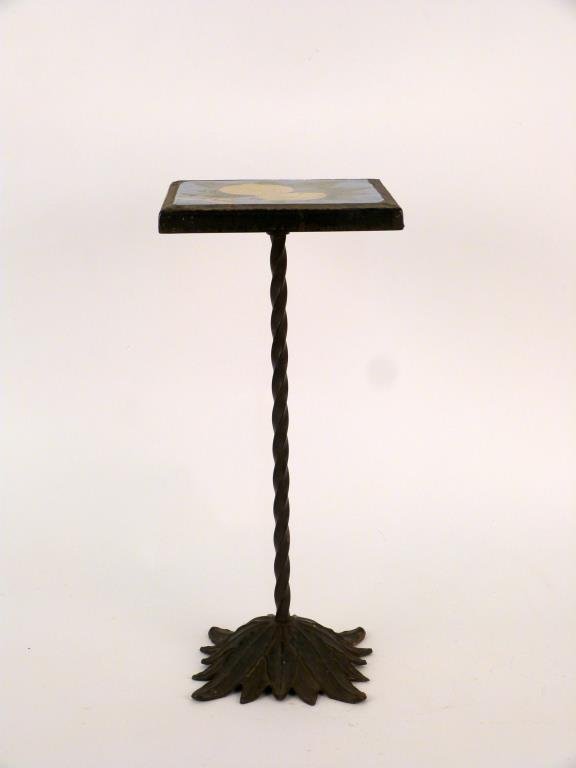 Art Nouveau Wrought Iron Stand: Leaf base, twist post, painted top depicting lemons. 8 1/2" square X 19 1/2" H.
