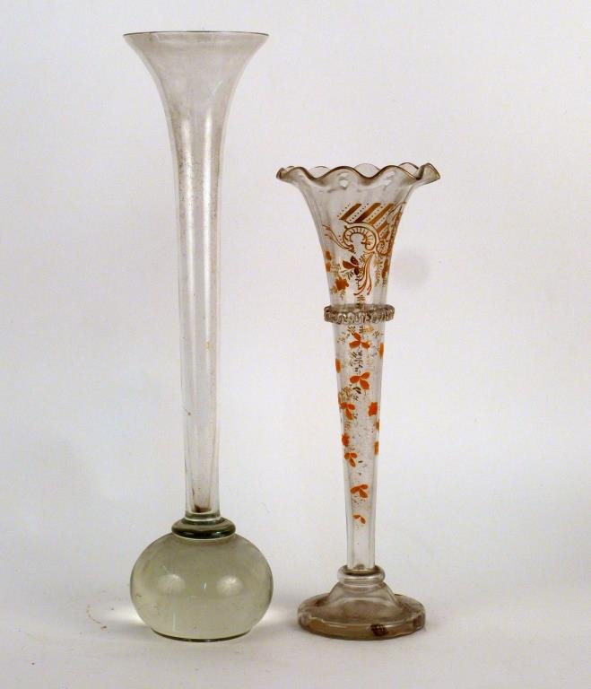 2 Tall Art Glass Vases: Trumpet forms, 1 with gold paste and painted detail, 1 with bulbous base (chip to rim). Taller: 23 1/2" H.