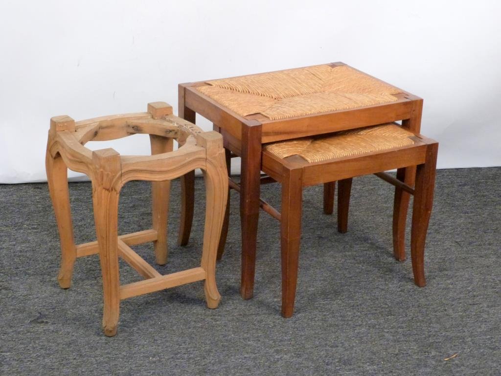 Nest of 2 Benches & Bench Frame: Scandinavian style benches with rush seats, and frame. Larger bench: 19 1/2" X 14 1/2" D X 18" H.