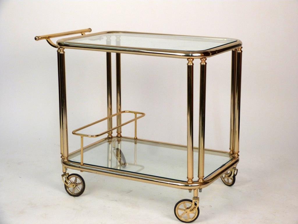 2 Tier Brass Plated Bar Cart: Brass plated, inset glass. 32 1/2" W X 20 1/2" D X 28 1/2" H. As is.
