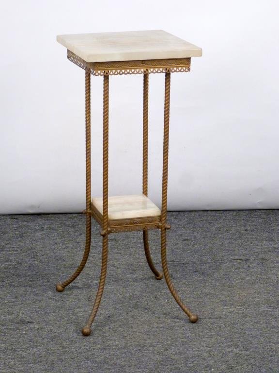 2 Tier Gilt Metal & Onyx Topped Stand: Gilt metal twist splayed legs with ball feet. 12" square X 29 1/2" H.