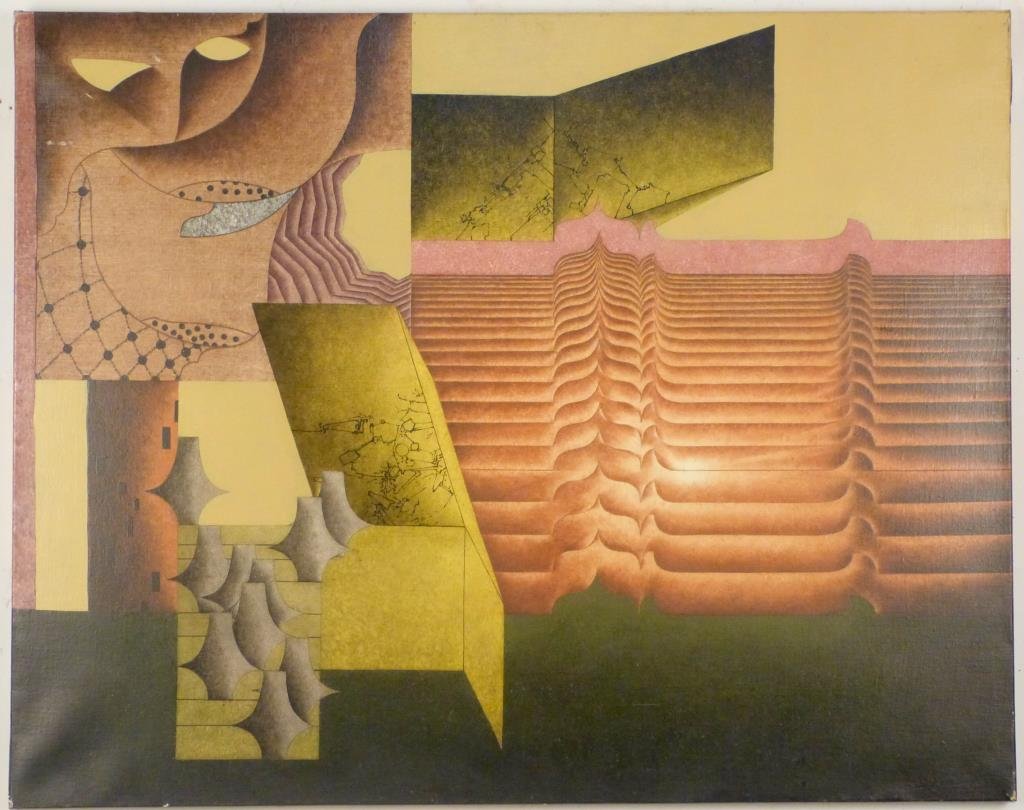 Christian Lemesle (French, B. 1932)- Oil on Canvas: "Le Paysage au Masque," signed and dated 69 lower right. 29" H X 36" W. Small loss to paint. Findlay Galleries stamp on verso.