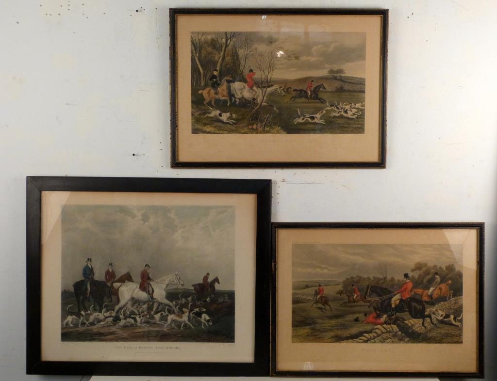 3 English Color Etchings - Hunting Scenes: "The Earl of Derby's Stag Hounds," "Gone Away," and "Full Cry." 19" H X 23" W (27 1/2" X 33 1/2").
