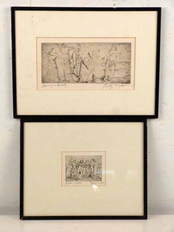 Philip Evergood - 2 Etchings: "Rhythm in Nature" and "Drawing on a Wall".Larger: 12" x 14 1/2" (12 1/2" x 16 1/2").