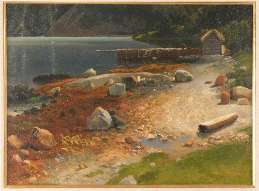 Attrb. Albert Bierstadt (German/Amer., 1830-1902): Rocky lake scene with dock, unsigned, oil on paper laid down on canvas. 13 1/2" H X 18 1/2" W (19" X 24"). Restored.