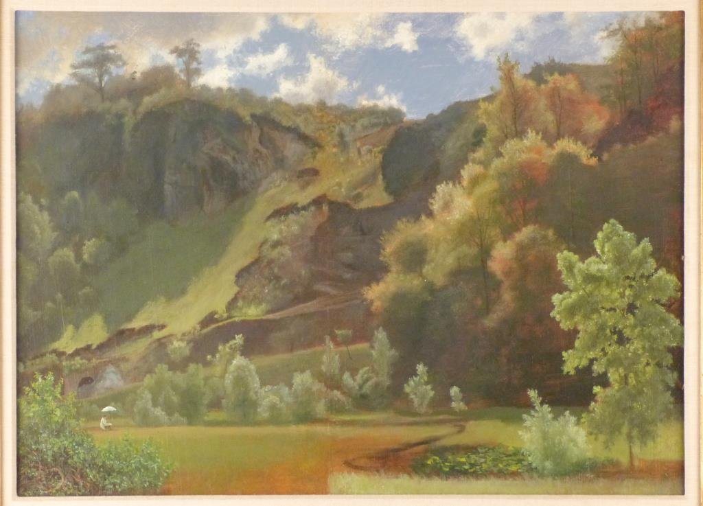 Attrb. Albert Bierstadt (German/Amer., 1830-1902): Landscape with artist, oil on paper laid down on canvas, unsigned. 18" H X 24" W (2 1/2" X 30"). Restored, with trace of central vertical crease.
